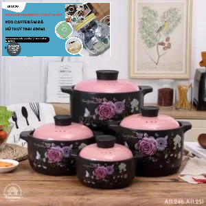 Nồi hầm thức ăn bằng sứ nắp màu hoa văn tiện dụng- nồi đất- nồi gốm