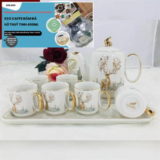 Bộ bình cốc RB kèm khay sứ pha trà cà phê trắng họa tiết nắp thỏ