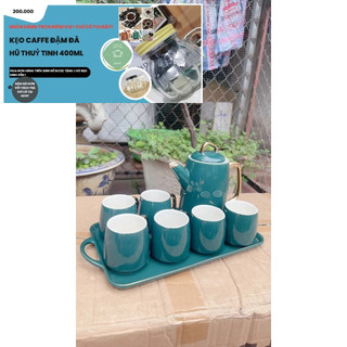 Bộ ấm trà sứ  kèm khay xanh viền vàng kiểu Âu