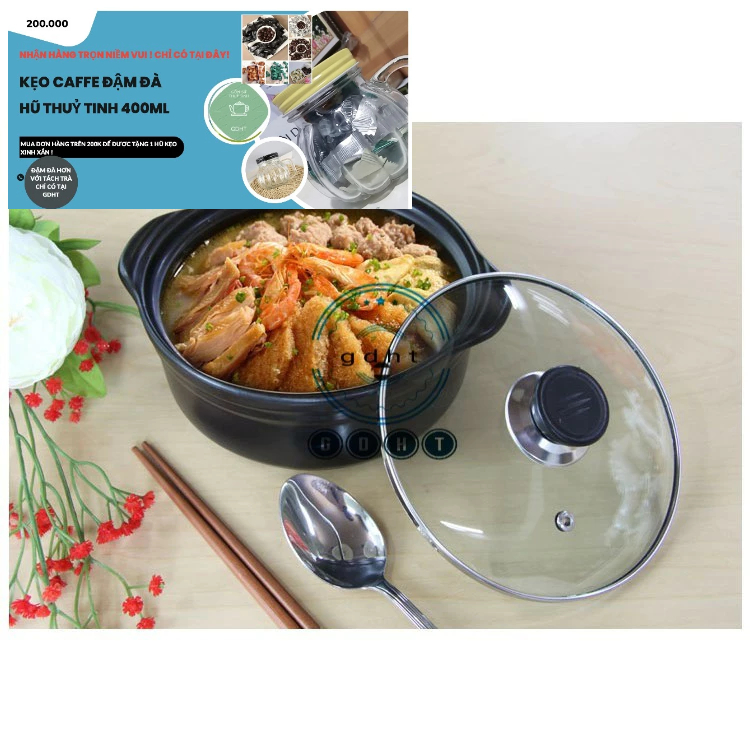 Nồi đất cao cấp 1,5 Lít nắp kiếng