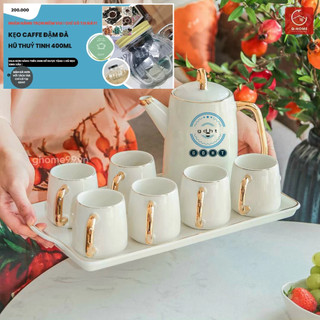 Bộ bình cốc uống trà sứ trắng viền vàng kèm khay kiểu Bắc Âu