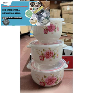 Bộ 3 tô  sứ có tay cầm -Bộ 3 bát sứ hoa hồng đựng thực phẩm có nắp đậy
