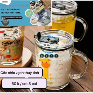 CỐC PHA SỮA THUỶ TINH CHIA VẠCH SIÊU TIỆN LỢI CÓ NẮP VÀ ỐNG HÚT CHO BÉ