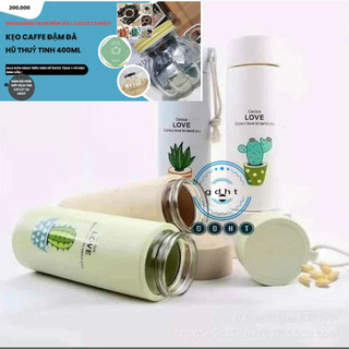 Bình đựng nước lõi thủy tinh họa tiết xương rồng dễ thương dung tích 400ml (BXR10)