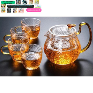 Bộ ấm trà thủy tinh sần quai mạ vàng chịu nhiệt cao cấp 600ml
