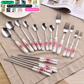 Thìa cán sứ dĩa inox cán sứ nĩa loại 1-GDHT-hàng đẹp giá rẻ cafe - nĩa(Rĩa)