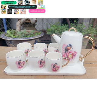 Bộ ấm chén kèm khay sứ viền vàng pha trà họa tiết chim