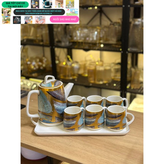 Bộ bình cốc sứ bộ 6 ly + 1 ấm + 1 khay sứ