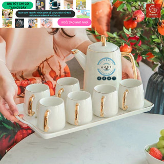 Bộ bình cốc uống trà sứ trắng viền vàng kèm khay kiểu Bắc Âu