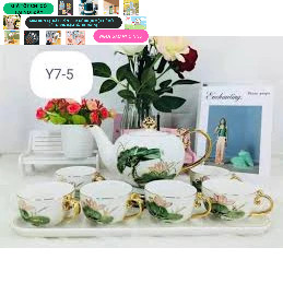 Ấm chén Sứ Bát Tràng mầu kem vẽ hoa Sen hồng