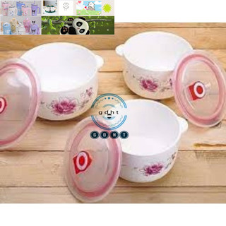 Bộ 3 bát THỐ sứ có tay cầm - Hộp 3 chiếc bát sứ hoa hồng đựng thực phẩm có nắp đậy
