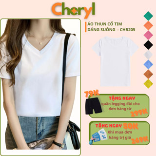 Áo phông nữ cộc tay cổ tim chữ V thun tay ngắn trơn form rộng co giãn màu đen trắng cam cốm thời trang basic CR205