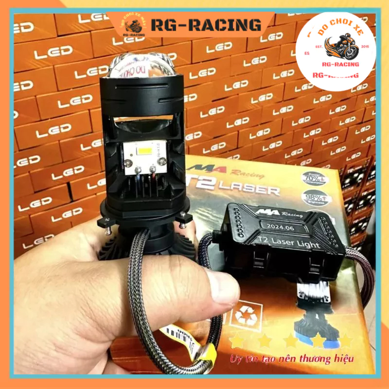 Đèn pha Bi cầu mini T2 Laser Lắp ô tô, xe máy chân H4 có trợ pha Laser tâm vàng mẫu mới 2024 MA Raci