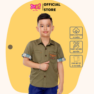 YF Áo Sơ Mi Xanh Rêu Thêu Hoạ Tiết Bo Tay Caro Năng Động Cho Bé Trai Chất Cotton Thoải Mái 8AY023