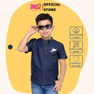Áo sơ mi jean bé trai cổ trụ YF, jean cotton wash mềm sành điệu 8AY003