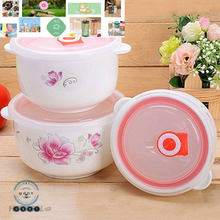 Bộ 3 bát THỐ sứ có tay cầm-Hộp 3 chiếc bát sứ hoa hồng đựng thực phẩm có nắp đậy