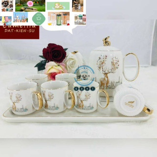 Bộ ấm chén kèm khay sứ trắng pha trà nắp thỏ nhiều họa tiết( Mã RB)