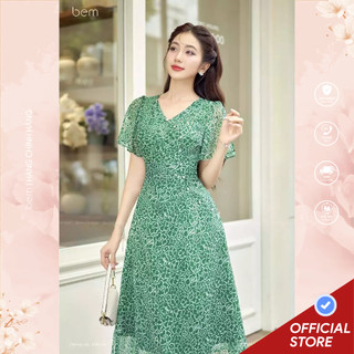 Đầm hoa xanh lá họa tiết cổ điển nhún eo thanh lịch đính nút ngọc DR616 Bem Design