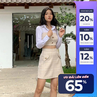 Set Maybi croptop chân váy mini ôm caro nâu be