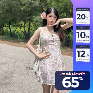 Đầm 2 dây Maybi dáng ngắn xoè lụa in hoa nhí nền trắng
