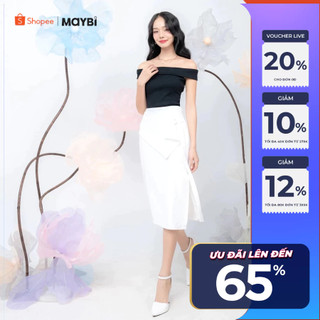 Chân váy midi cotton lạnh phối đắp tà Maybi