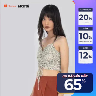 Áo croptop 2 dây Maybi ôm lụa in hoa trắng nền xanh mint nhún kiểu