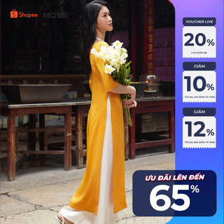 Áo dài Maybi nền vàng phối cổ ren trắng