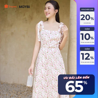 Đầm midi suông lụa cotton in hoa xẻ tà Maybi
