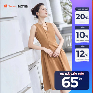 Đầm midi xòe bố len cổ V phối dây trang trí Maybi