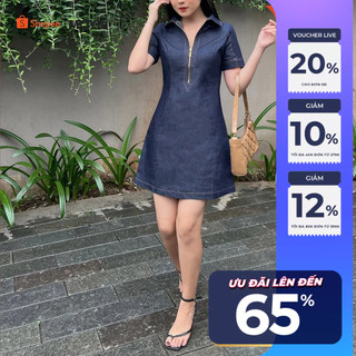 Đầm jean Maybi midi ôm phối dây kéo trước