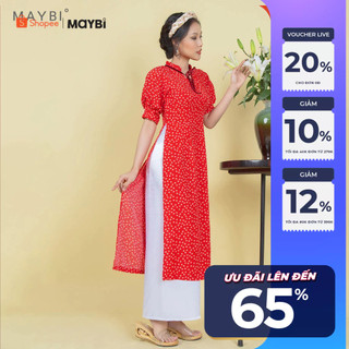 Áo dài Maybi hoạ tiết hoa nhí nền đỏ tay phồng ngắn phối nơ cổ