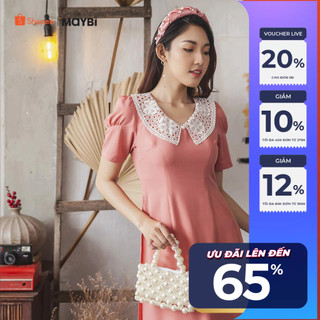 Áo dài Maybi hồng phối cổ ren trắng
