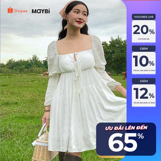 Đầm Maybi babydoll linen trắng cup vuông phối dây nơ