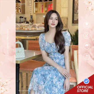 Đầm hoa Xanh Rose chất tơ cổ vuông xếp ly ngực dáng xòe nữ tính