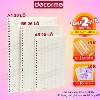 Giấy sổ còng Decorme giấy refill ruột sổ còng A5 B5 A4 20 26 30 lỗ giấy refill caro 6*6mm phù hợp viết chữ tếng Việt