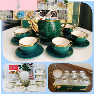 Bộ ấm chén, tách trà cao cấp trắng, xanh cổ vịt viền vàng Camelia