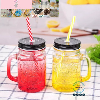 LY QUAI THUỶ TINH CÓ ỐNG HÚT 480ML- Cốc quai màu kèm nắp lỗ - cốc thủy tinh