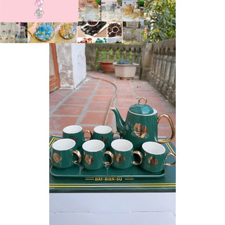 BỘ BÌNH CỐC KÈM KHAY SỨ XƯƠNG KOREA VIỀN VÀNG CAO CẤP