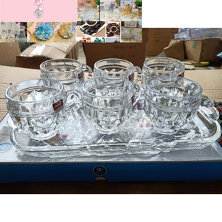 BỘ 6 CỐC QUAI THỦY TINH TRẮNG KÈM KHAY
