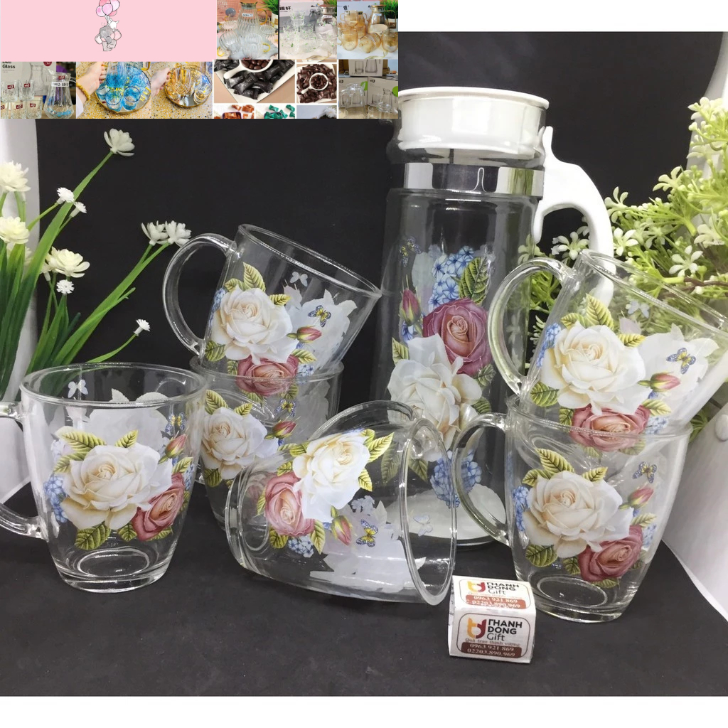 bộ bình cốc thủy tinh hoa văn đẹp