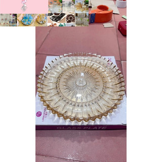 khay tròn vàng thủy tinh úp cốc 30cm