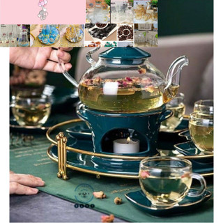 Bộ trà thủy tinh bếp nến cao , trắng men sứ xanh cao cấp