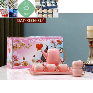 Bộ bình cốc kèm khay sứ màu hồng quai vàng cao cấp