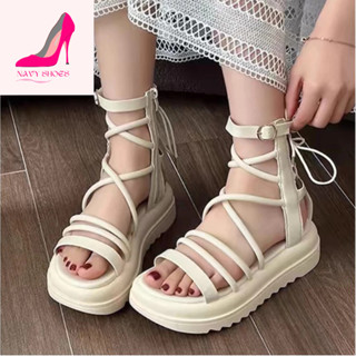[QC-LOẠI 1] - Giày Chiến Binh Nữ Đế 4Cm, Sandal Chiến Binh Nữ Quai Mảnh Cổ Cao Dây Quấn Hàn Quốc NaVy Shoes