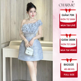 Váy Thiết Kế Tiểu Thư Phối Tơ Bèo Hoa Lệch Vai Đính Đá Đi Tiệc Sang Chảnh Quyến Rũ Charme Boutique H53 (Có Bigsize)