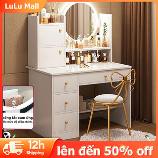 LuLu Bàn trang điểm phong cách hiện đại có đèn LED có 2 ngăn kéo tủ để đồ trang điểm decor làm việc