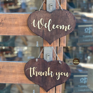 Bảng gỗ treo cửa 2 mặt Welcome-Thank you trái tim - LUXI DECOR