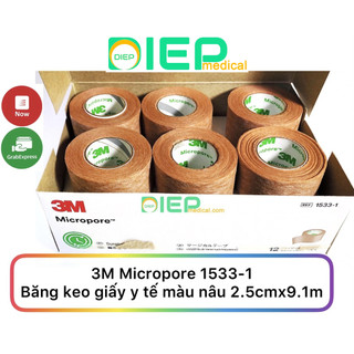 ✅ 3M MICROPORE 1533-1 (1 hộp 12 cuộn 2.5cmx9.1m) - Băng keo giấy y tế màu nâu (Chính hãng 3M - Mỹ)