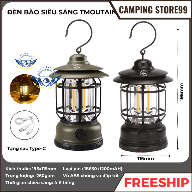 Đèn Cắm Trại Dã Ngoại Du lịch Dùng Pin Sạc USB Tích Điện 1200mAh, Ánh Sáng Vàng Trang Trí