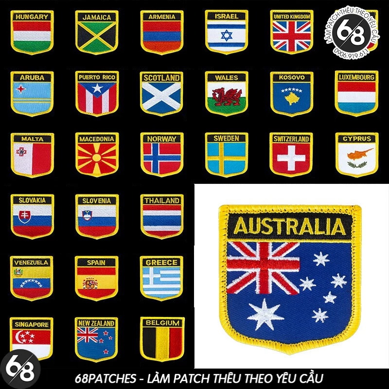 Patch vải thêu logo hình huy hiệu cờ nước các quốc gia - Sticker miếng ủi quần áo balo H139